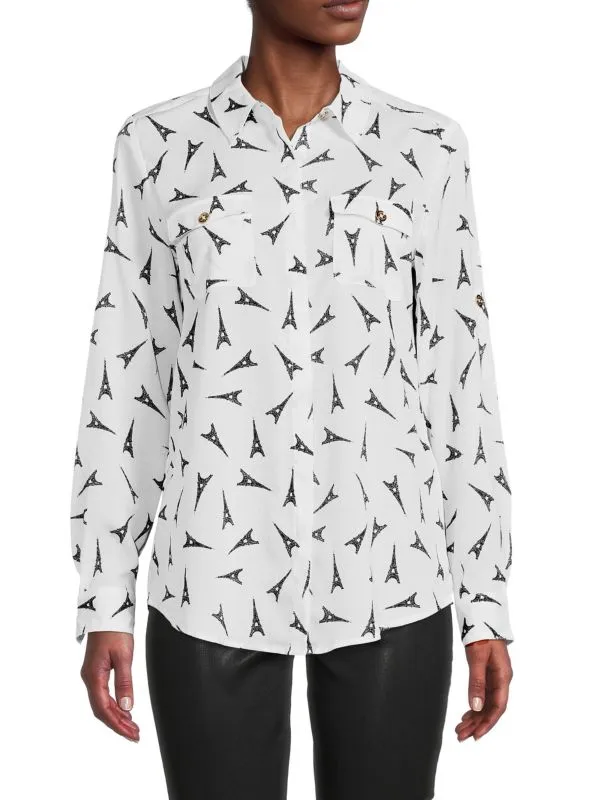 Karl Lagerfeld Paris Printed Button-Up Shirt, White/Black