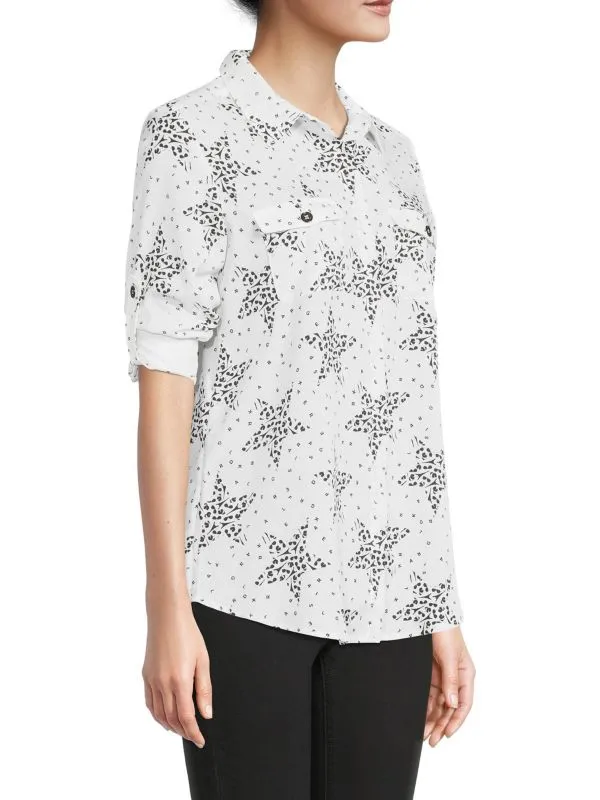 Karl Lagerfeld Paris Printed Button-Up Shirt, White/Black