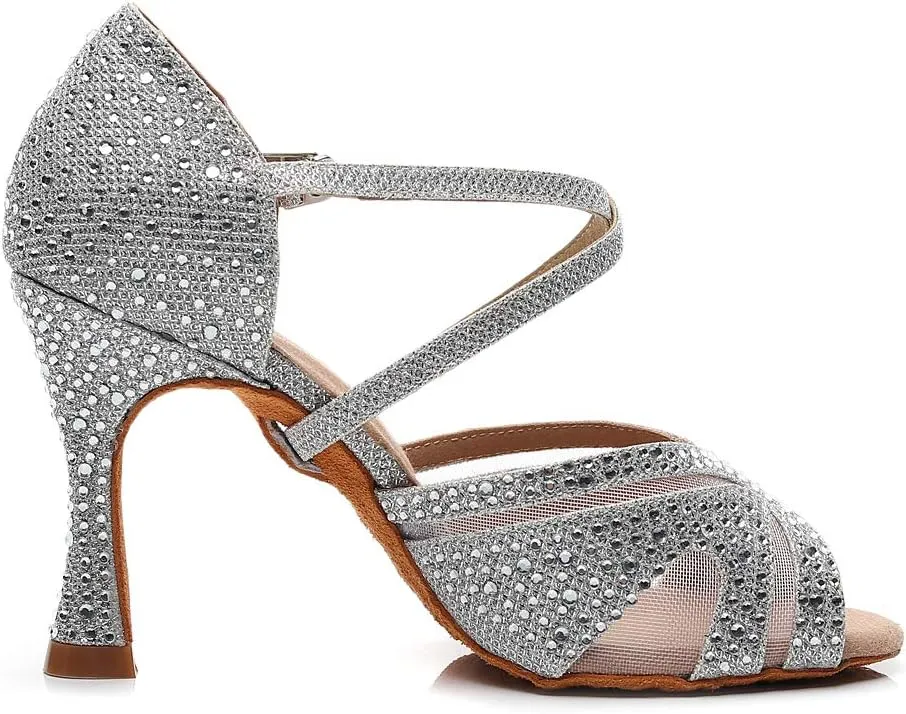 Ladies Ballroom Latin Dance Shoes Color Rhinestone Ballroom Party Performance Shoes 3.5 Inch Ladies High Heels