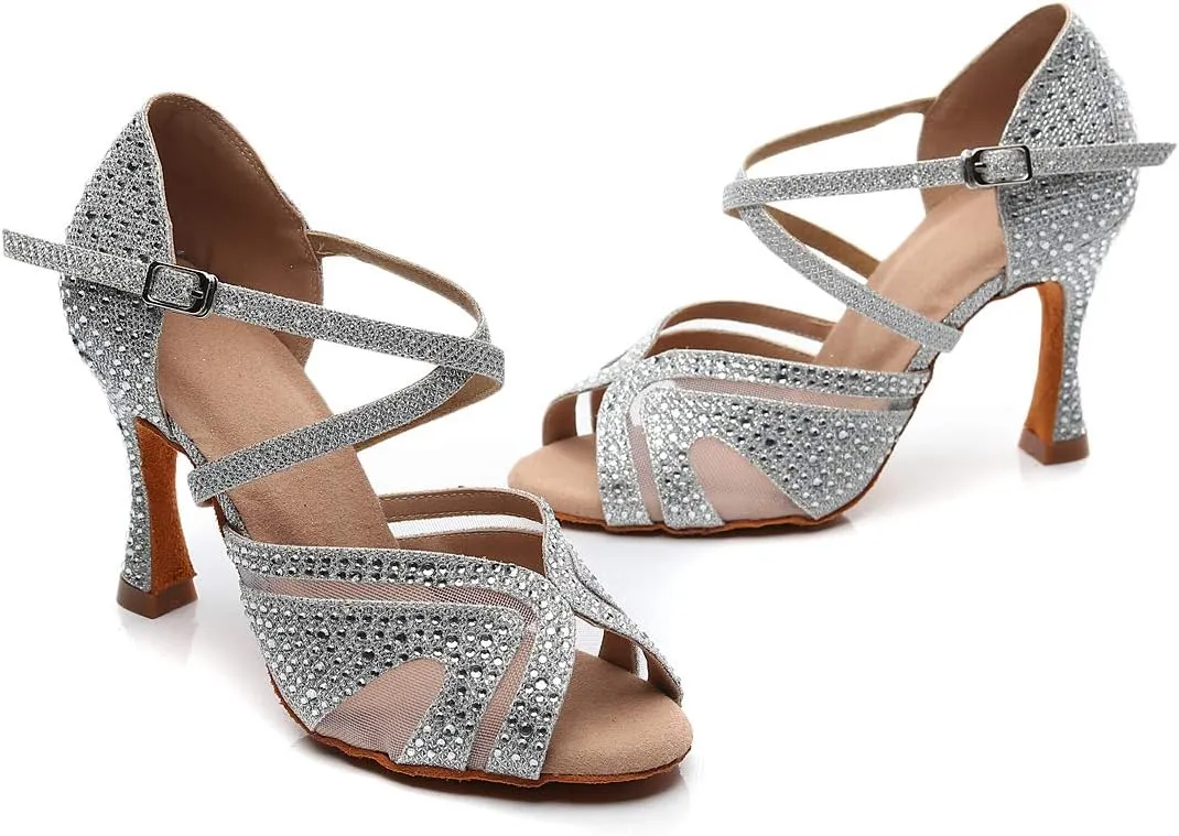 Ladies Ballroom Latin Dance Shoes Color Rhinestone Ballroom Party Performance Shoes 3.5 Inch Ladies High Heels