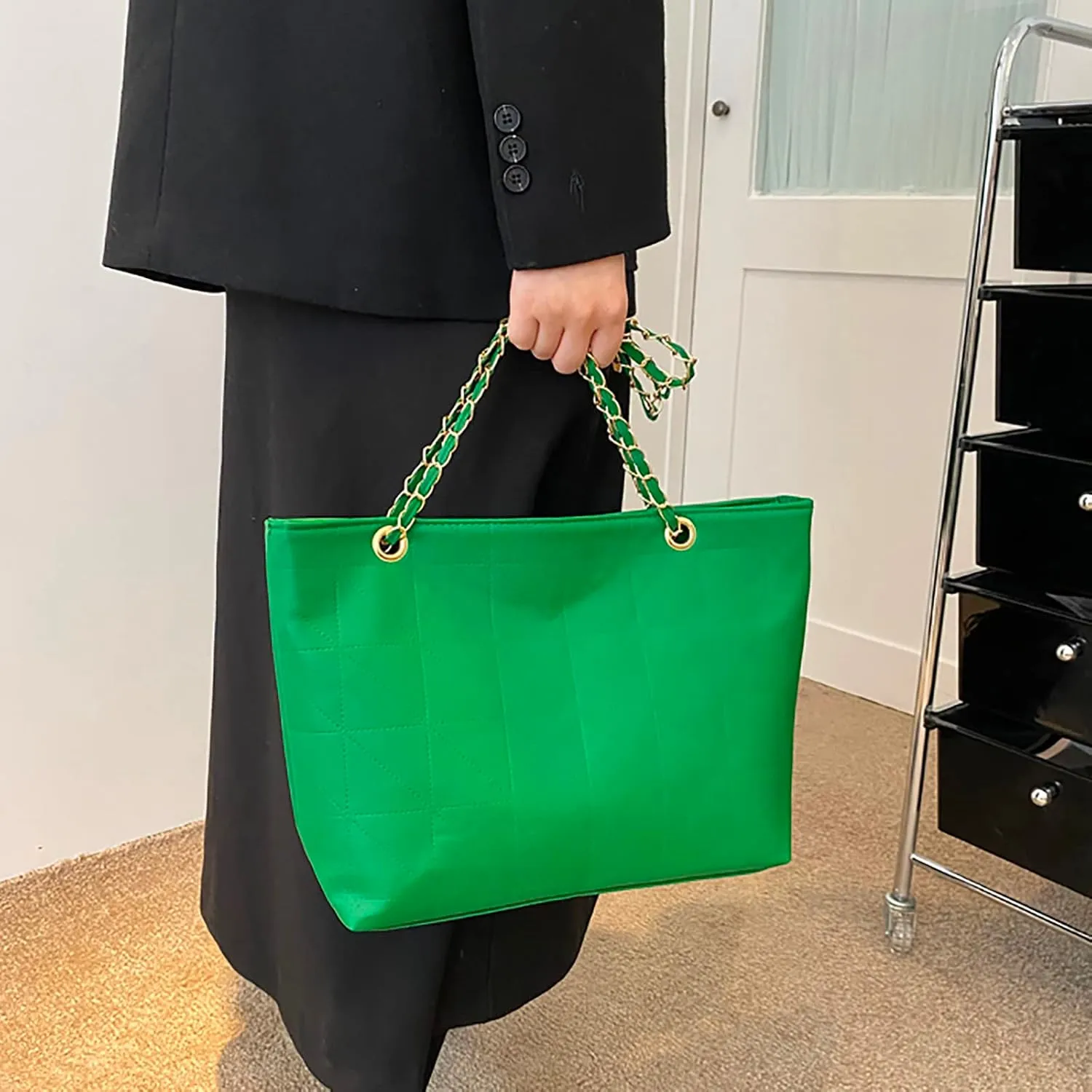 Ladies Fashion Solid Color Leather Diamond Bag Zipper Metal Chain Shoulder Strap Bag Shoulder Bags Men (Green, One Size)