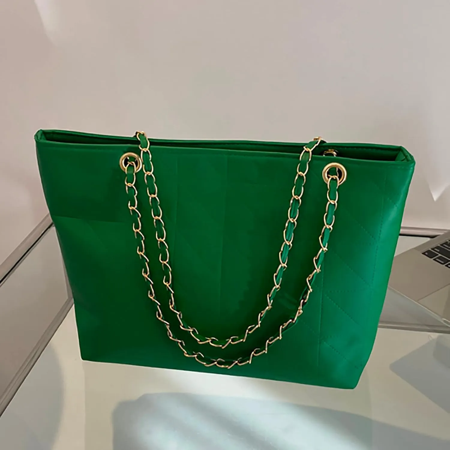 Ladies Fashion Solid Color Leather Diamond Bag Zipper Metal Chain Shoulder Strap Bag Shoulder Bags Men (Green, One Size)