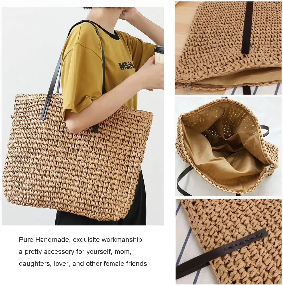 Large Straw Beach Bag for Womens, Straw Handbag Woven Tote Bag With Zipper Summer Straw Shoulder Bag