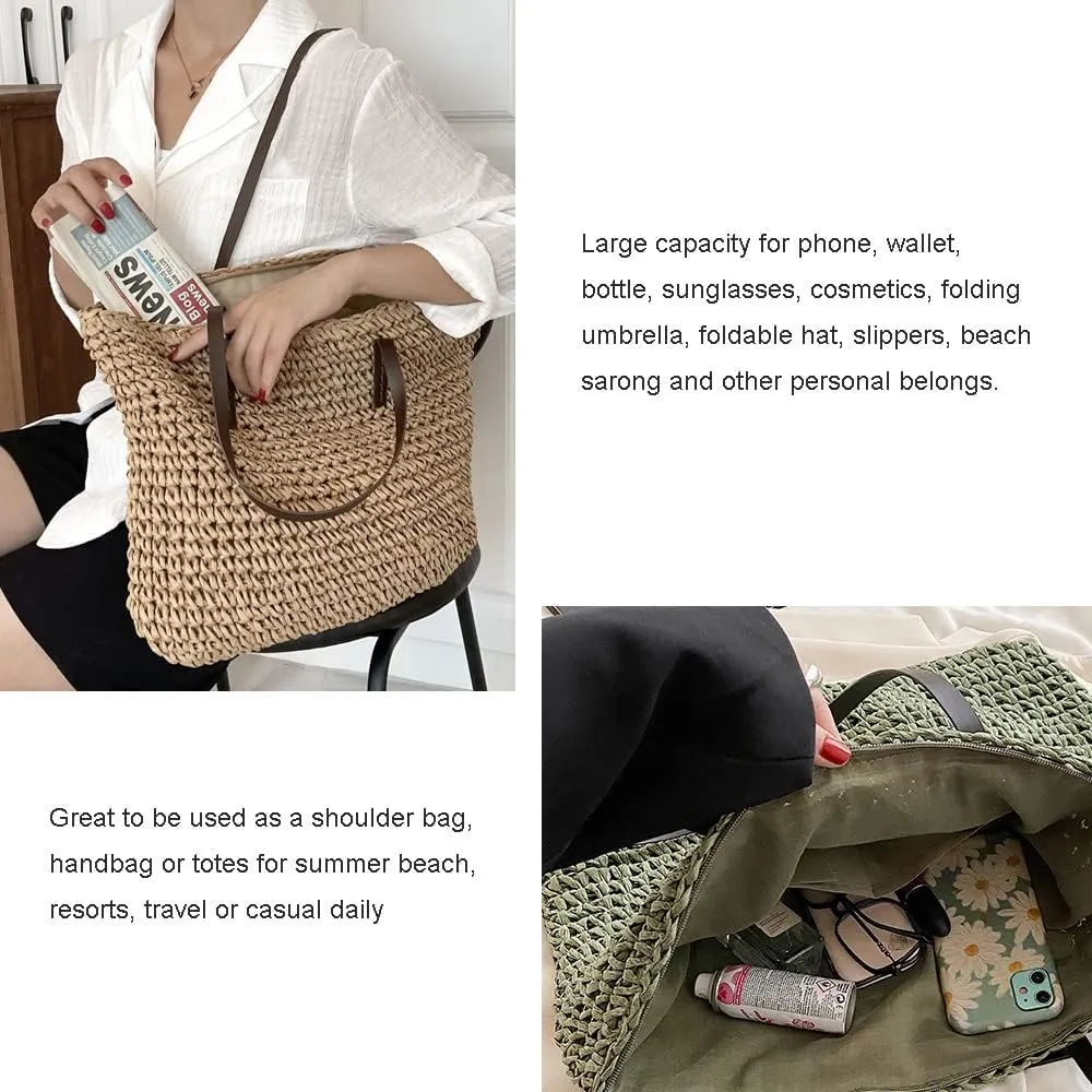 Large Straw Beach Bag for Womens, Straw Handbag Woven Tote Bag With Zipper Summer Straw Shoulder Bag