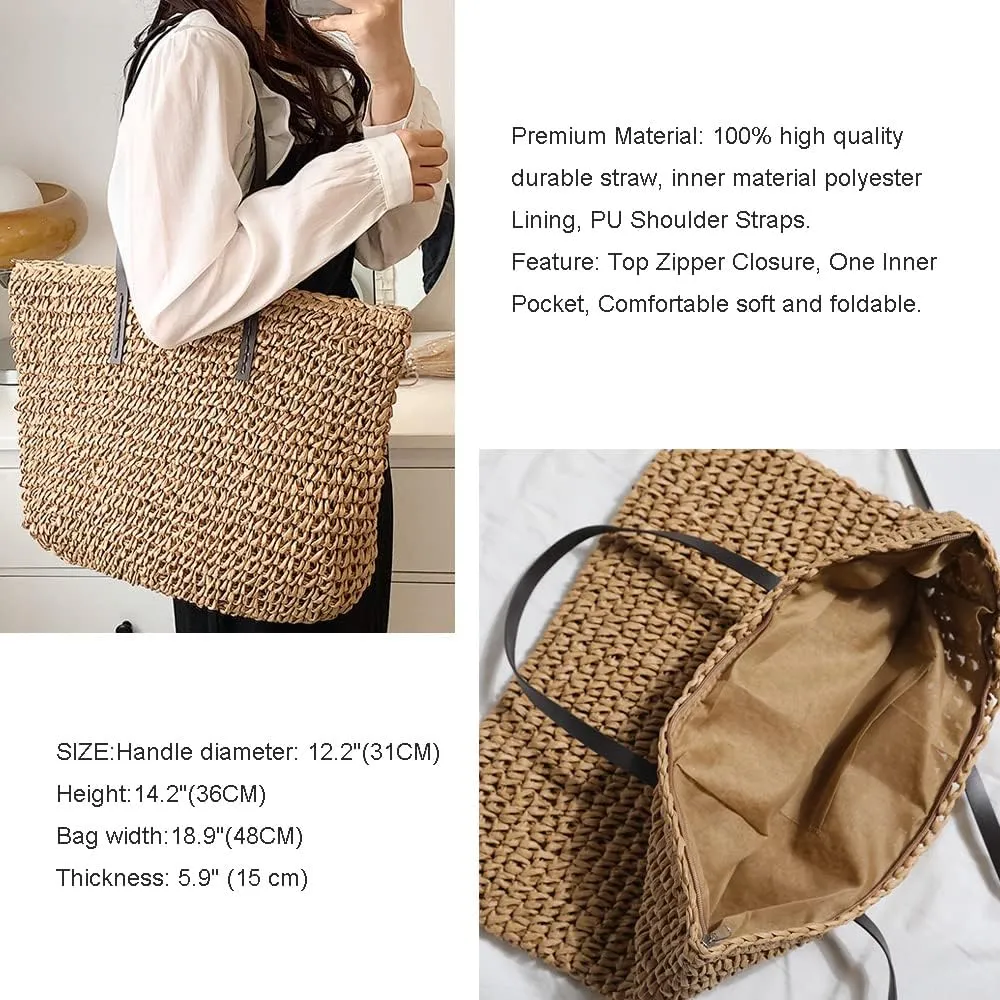 Large Straw Beach Bag for Womens, Straw Handbag Woven Tote Bag With Zipper Summer Straw Shoulder Bag