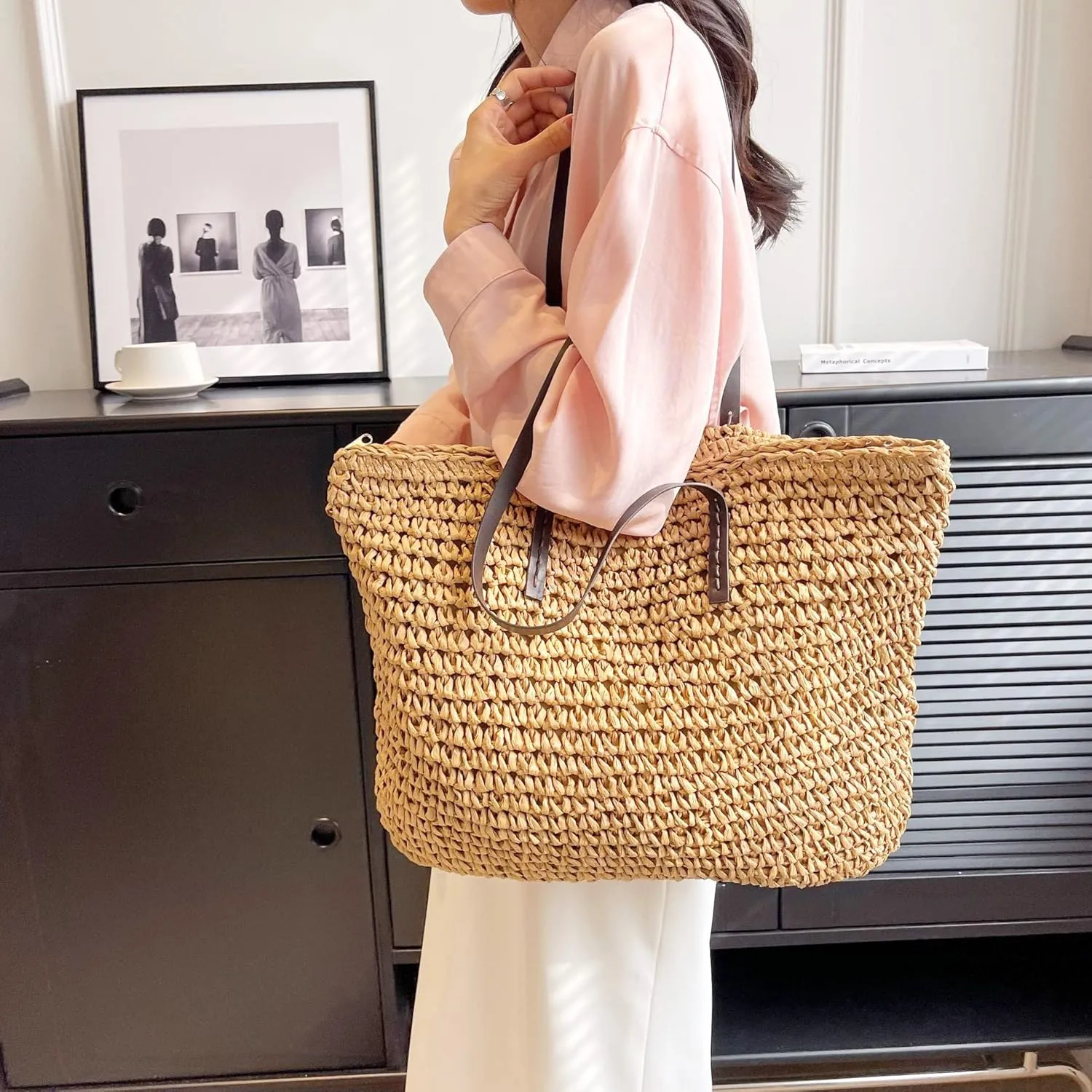 Large Straw Beach Bag for Womens, Straw Handbag Woven Tote Bag With Zipper Summer Straw Shoulder Bag