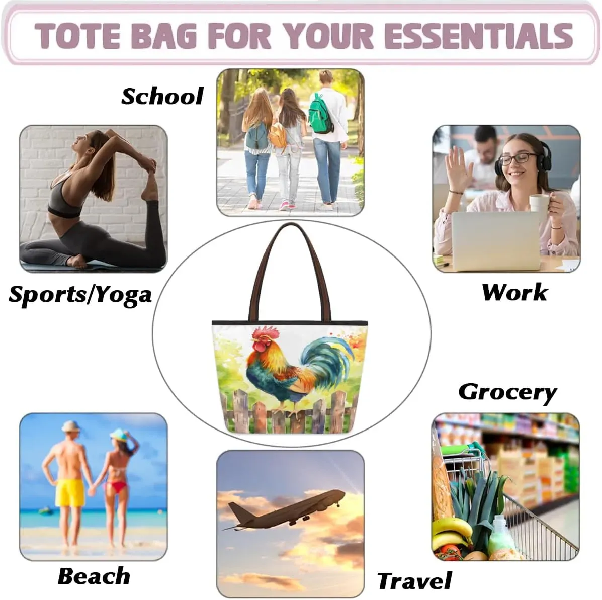Large Tote Bag For Women Alphabet Chart Dinosaur Work Cloth Bags With Zipper Reusable Grocery