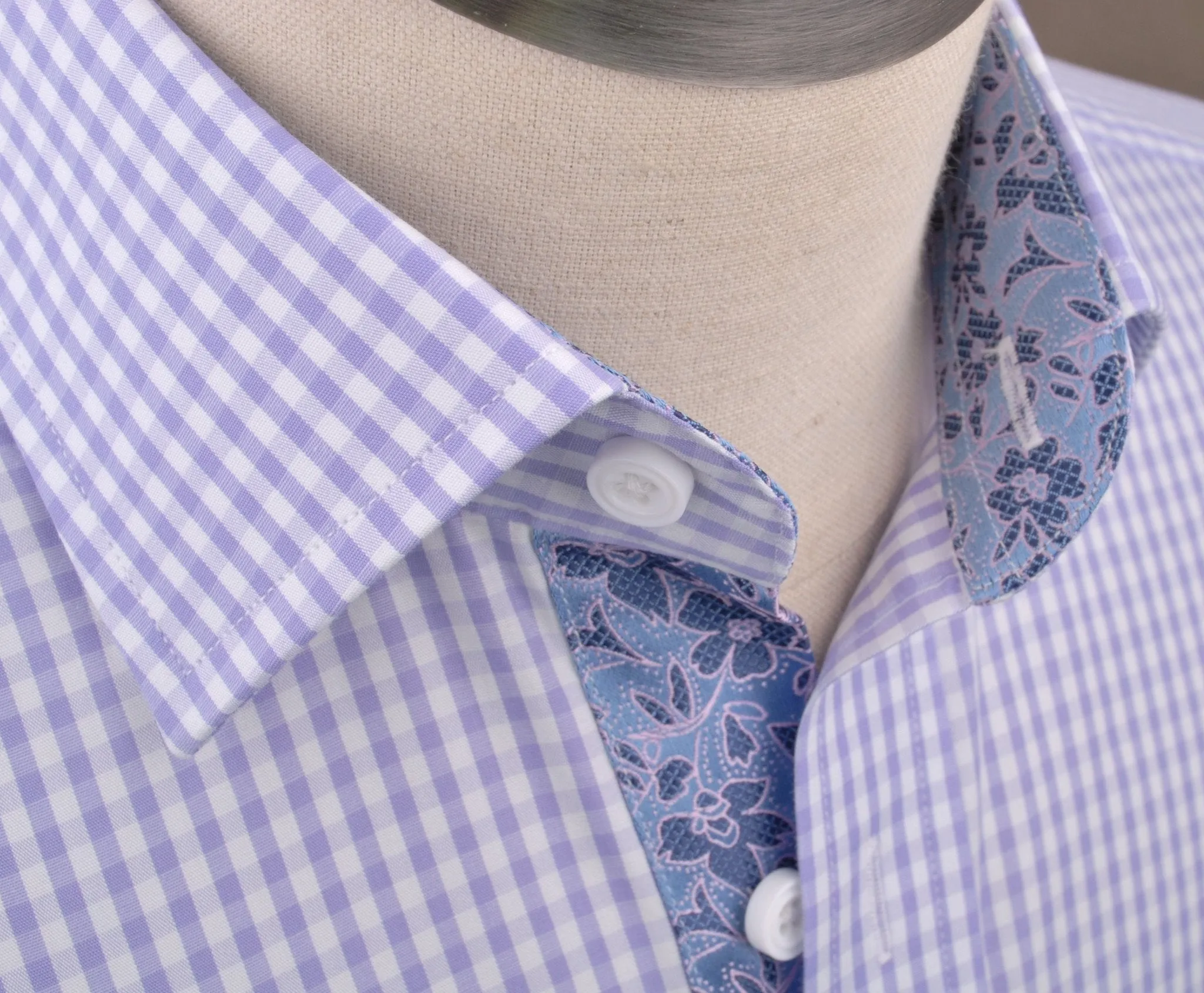 Lavender Soft Purple Gingham Checkered Formal Business Dress Shirt with Hawaiian Hibiscus