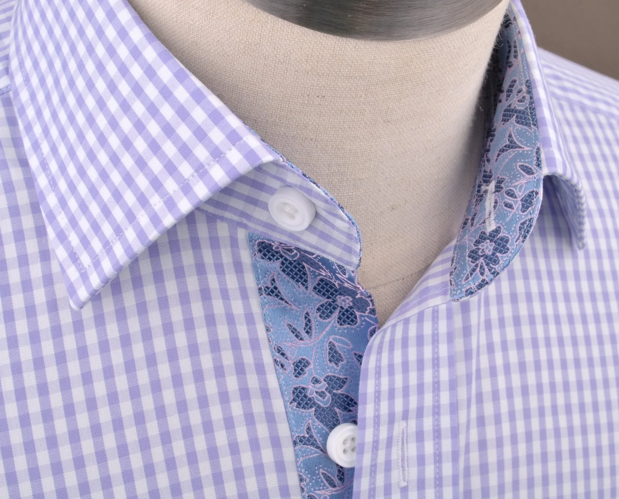 Lavender Soft Purple Gingham Checkered Formal Business Dress Shirt with Hawaiian Hibiscus