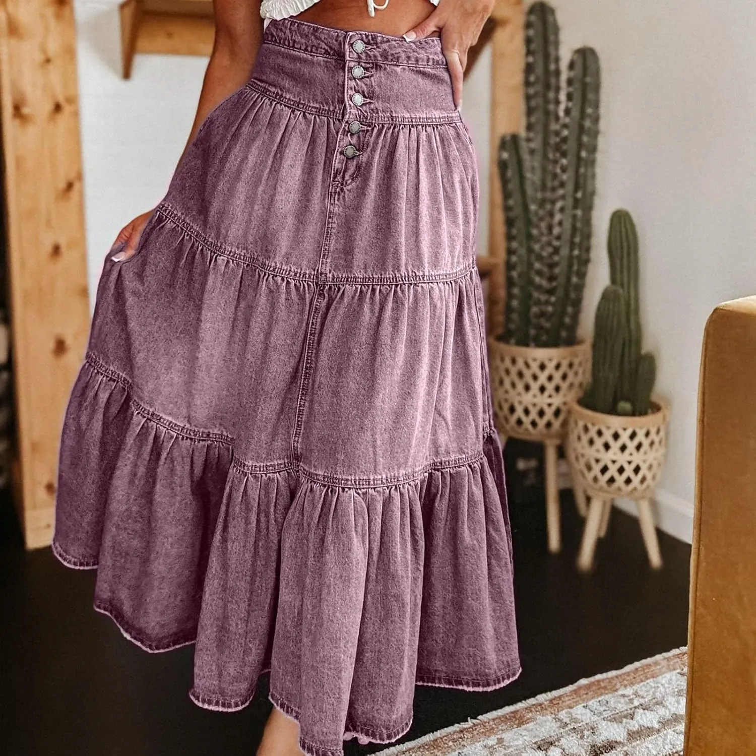 lcyhony Long Denim Skirt Women Flowy Tiered Button Down High Waisted Jean Skirt Loose Casual Summer Maxi Skirts with Pockets