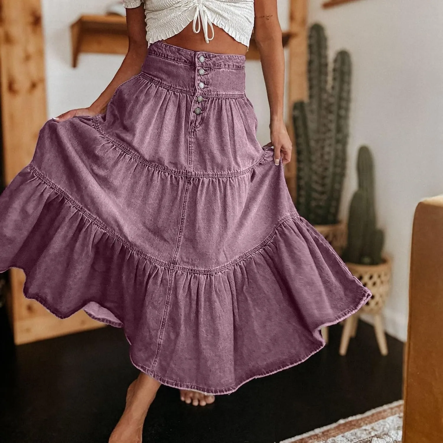 lcyhony Long Denim Skirt Women Flowy Tiered Button Down High Waisted Jean Skirt Loose Casual Summer Maxi Skirts with Pockets