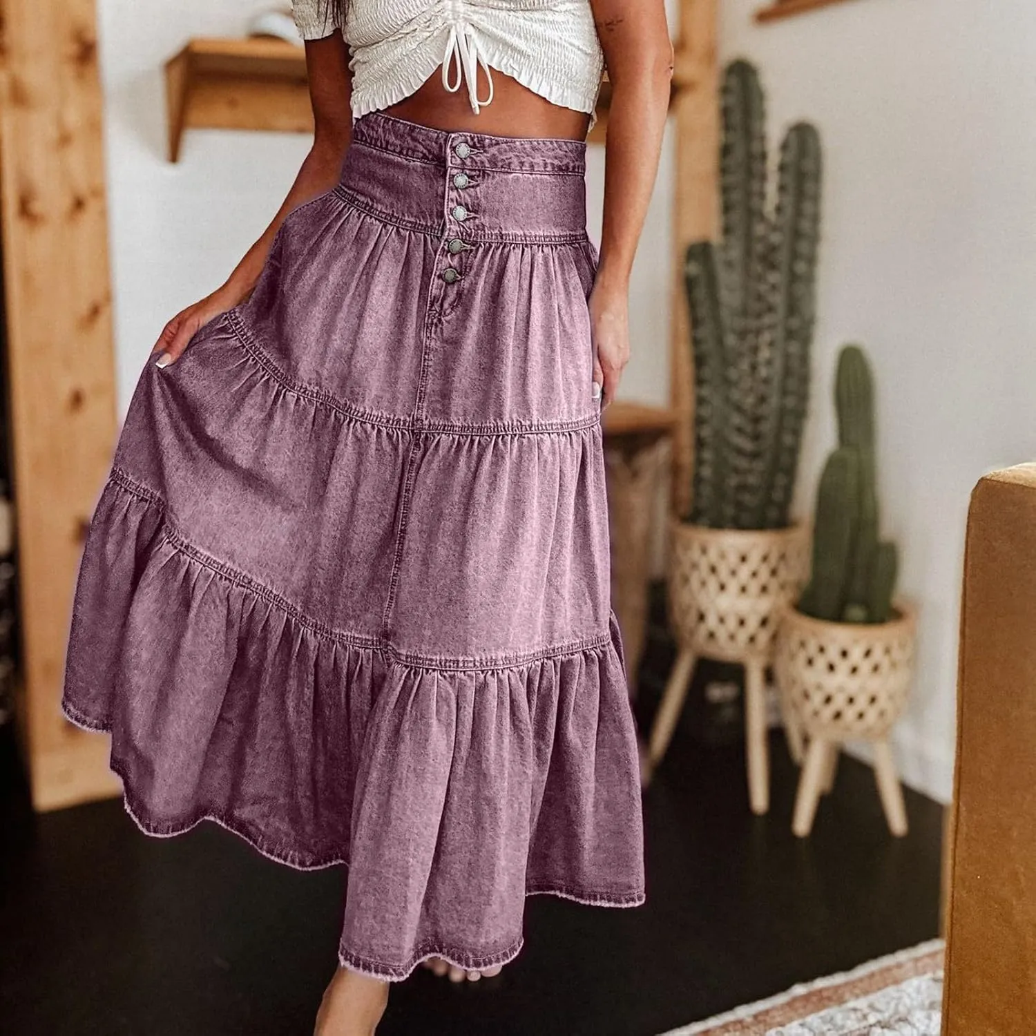 lcyhony Long Denim Skirt Women Flowy Tiered Button Down High Waisted Jean Skirt Loose Casual Summer Maxi Skirts with Pockets