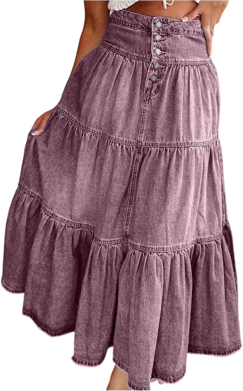 lcyhony Long Denim Skirt Women Flowy Tiered Button Down High Waisted Jean Skirt Loose Casual Summer Maxi Skirts with Pockets