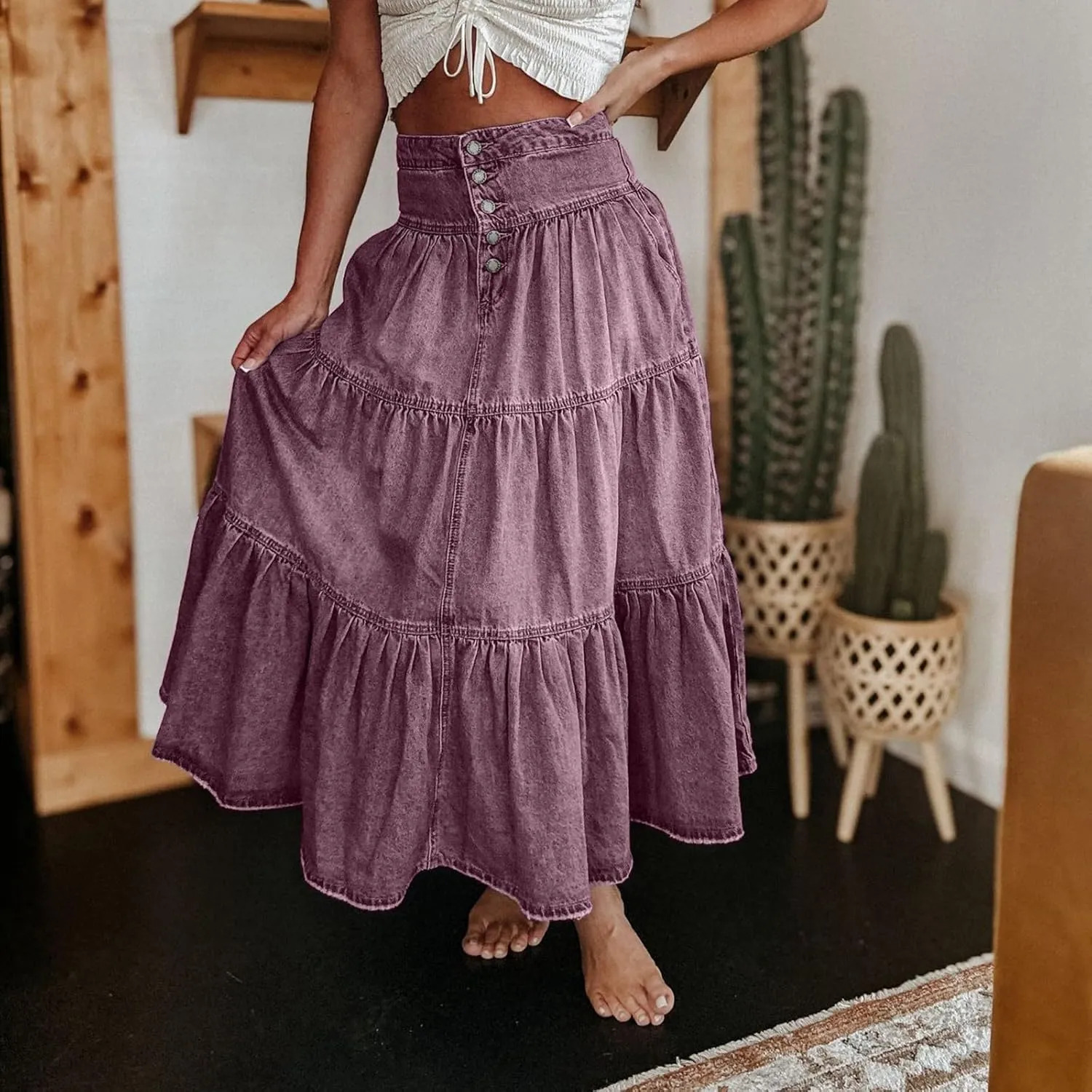 lcyhony Long Denim Skirt Women Flowy Tiered Button Down High Waisted Jean Skirt Loose Casual Summer Maxi Skirts with Pockets