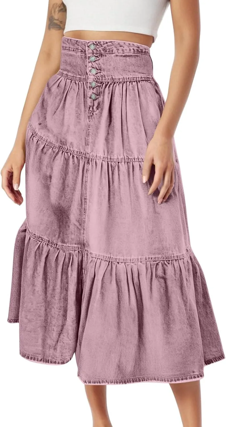 lcyhony Long Denim Skirt Women Flowy Tiered Button Down High Waisted Jean Skirt Loose Casual Summer Maxi Skirts with Pockets
