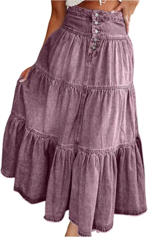 lcyhony Long Denim Skirt Women Flowy Tiered Button Down High Waisted Jean Skirt Loose Casual Summer Maxi Skirts with Pockets