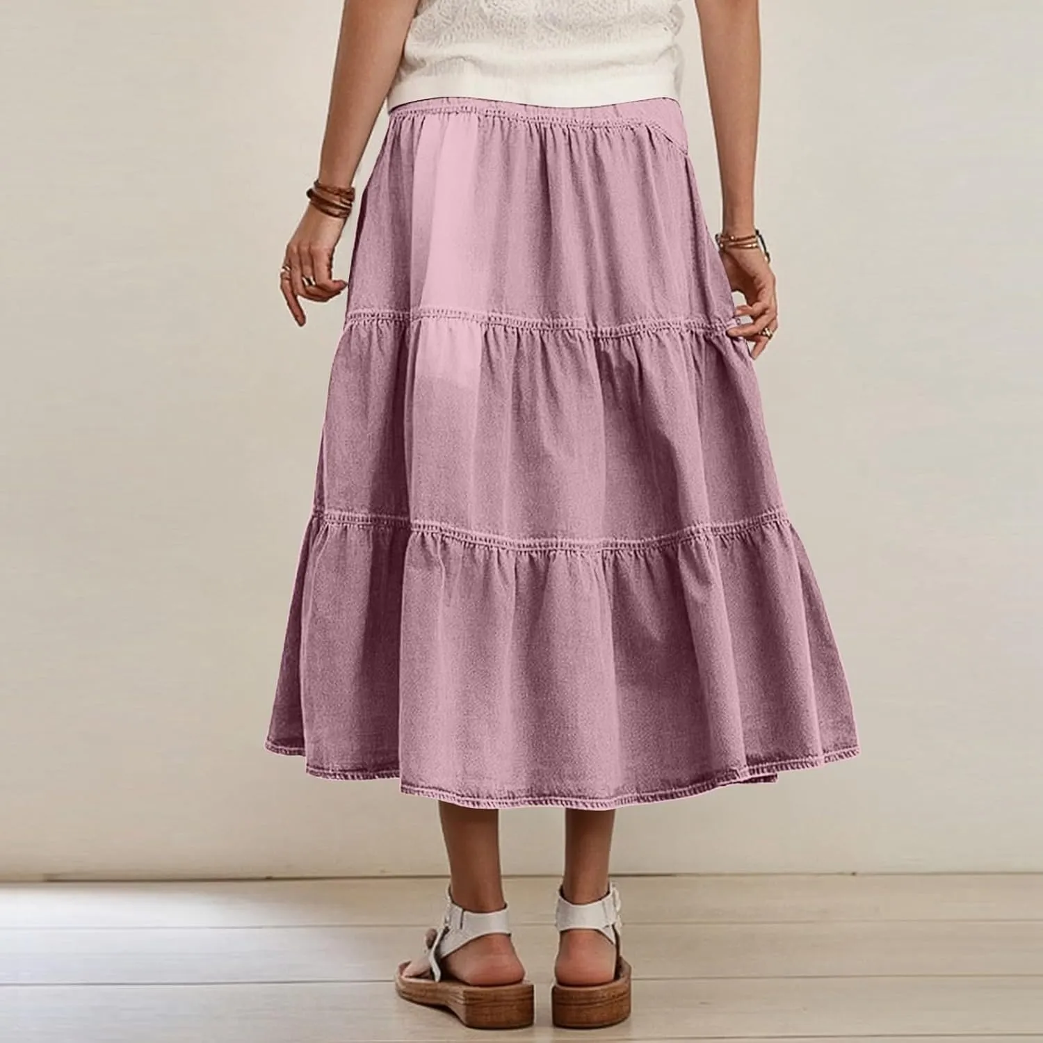 lcyhony Long Denim Skirt Women Flowy Tiered Button Down High Waisted Jean Skirt Loose Casual Summer Maxi Skirts with Pockets