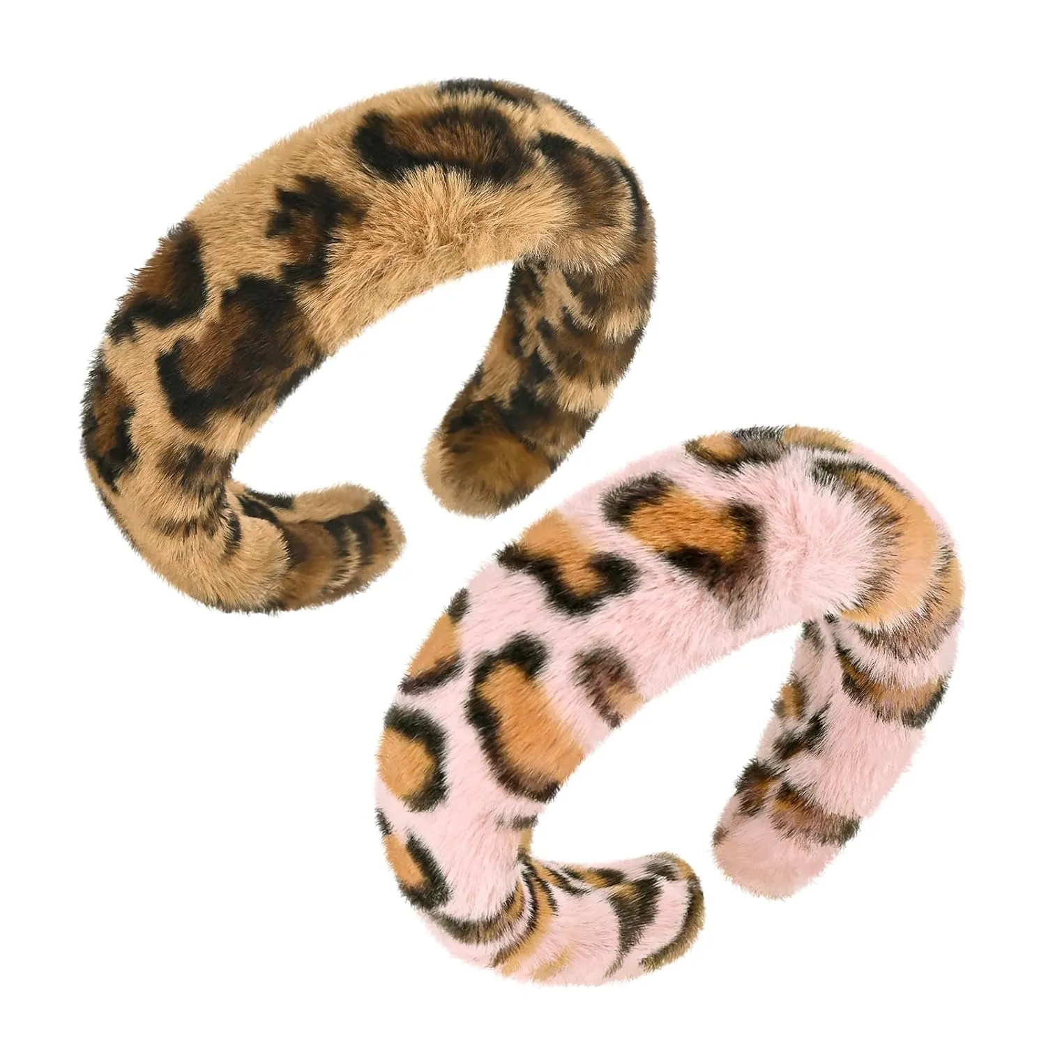 Leopard Print Faux Fur Headbands, Soft Headbands for Women Girl, Non-Slip Fashion Hairbands Hair Accessories (Khaki & Pink)