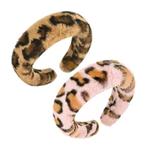 Leopard Print Faux Fur Headbands, Soft Headbands for Women Girl, Non-Slip Fashion Hairbands Hair Accessories (Khaki & Pink)