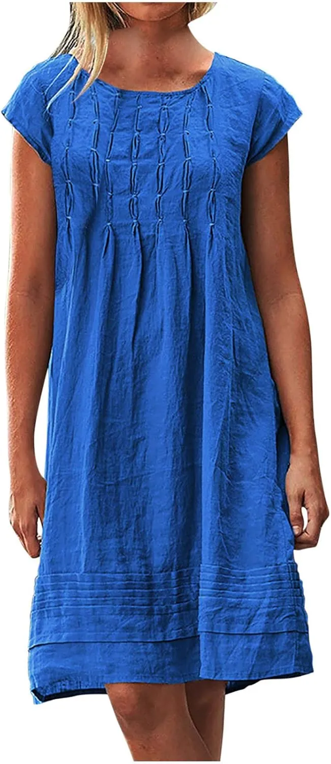 Linen Dresses for Women 2025 Short Sleeve Summer Casual Midi Dress Ruched Spring Dresses Beach Sundress