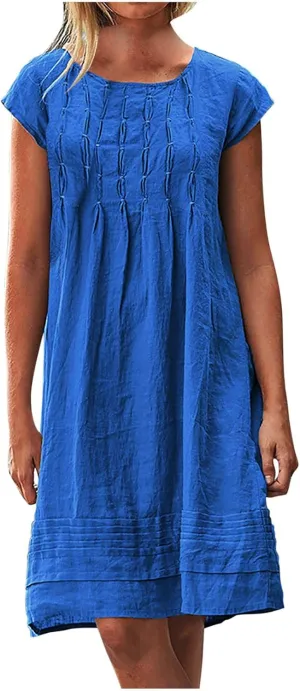 Linen Dresses for Women 2025 Short Sleeve Summer Casual Midi Dress Ruched Spring Dresses Beach Sundress