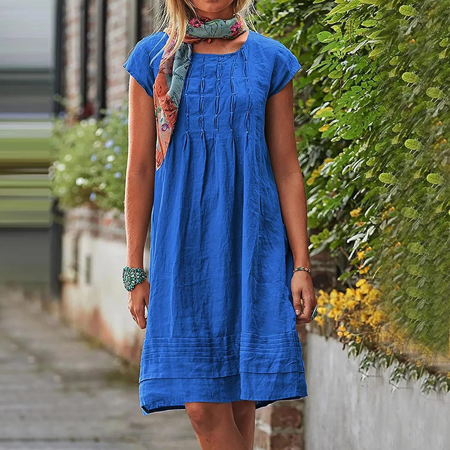 Linen Dresses for Women 2025 Short Sleeve Summer Casual Midi Dress Ruched Spring Dresses Beach Sundress