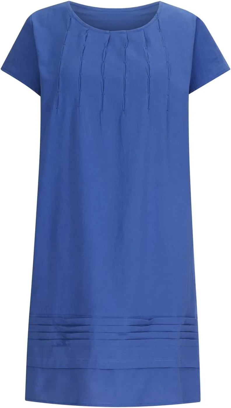 Linen Dresses for Women 2025 Short Sleeve Summer Casual Midi Dress Ruched Spring Dresses Beach Sundress