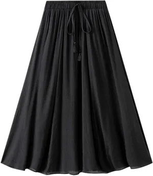 Linen Midi Skirts for Women Summer Casual Elastic Waist Drawstring Pleated Skirts A-Linen Flowy Swing Beach Skirt