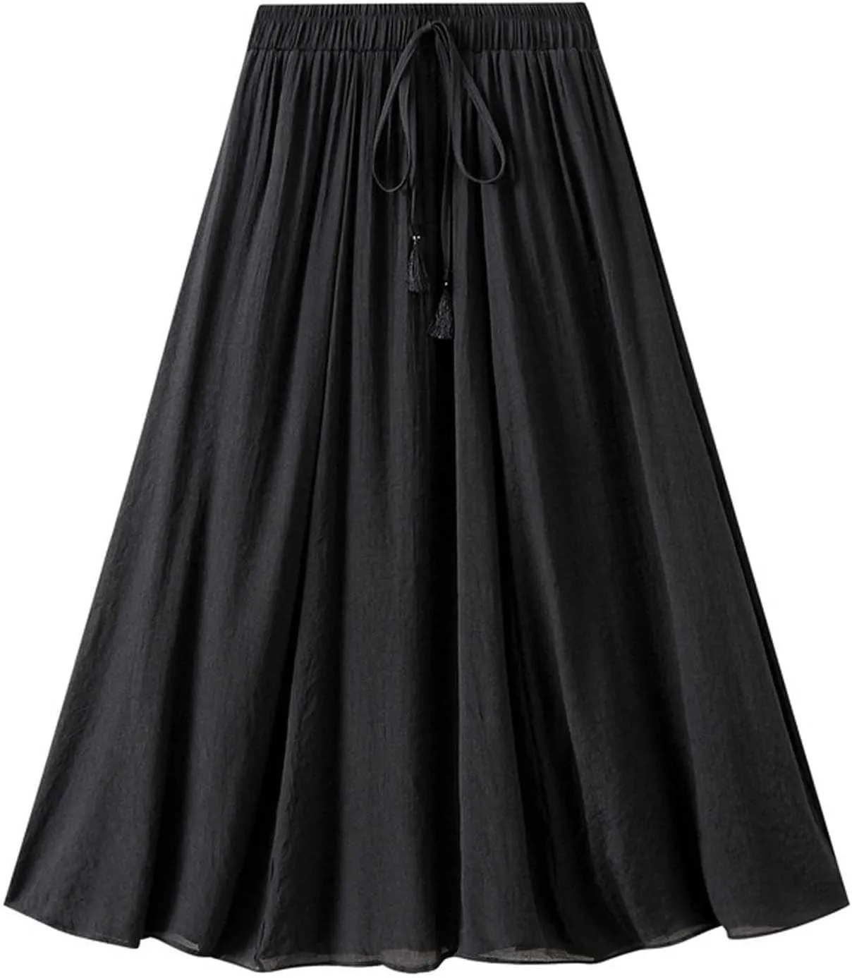 Linen Midi Skirts for Women Summer Casual Elastic Waist Drawstring Pleated Skirts A-Linen Flowy Swing Beach Skirt