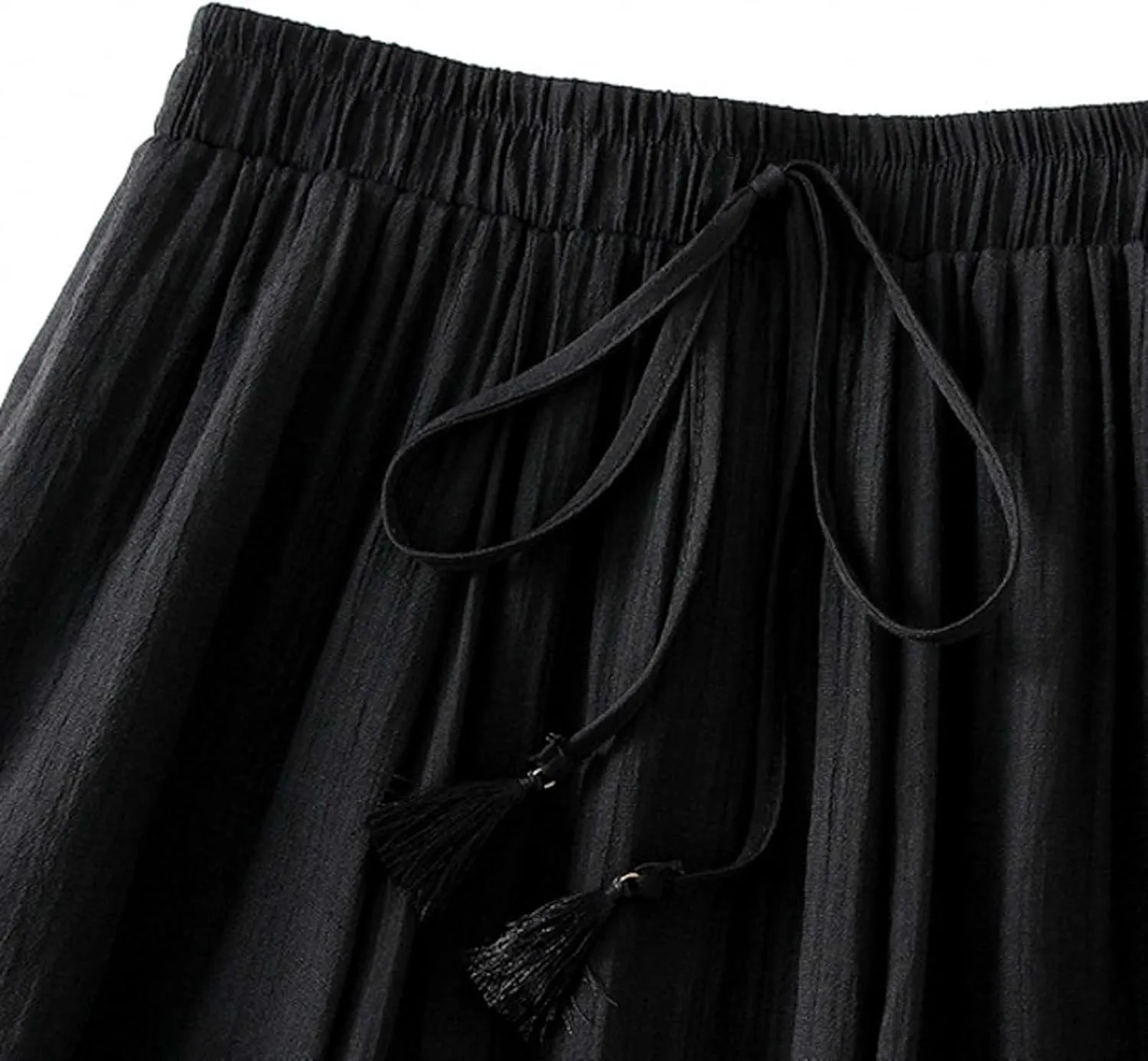Linen Midi Skirts for Women Summer Casual Elastic Waist Drawstring Pleated Skirts A-Linen Flowy Swing Beach Skirt