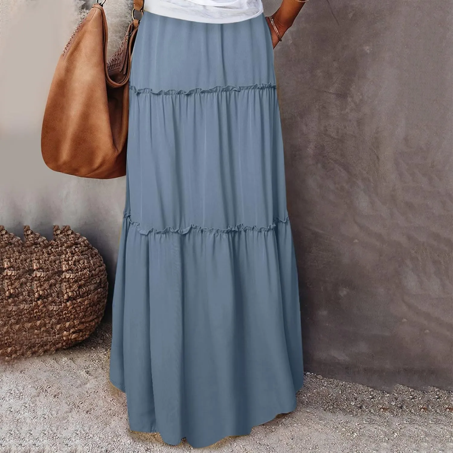 Long Skirts for Women Loose Long High Elastic Waist with Pockets and Belt Maxi Skirt Pleated Skirt Beach Skirt