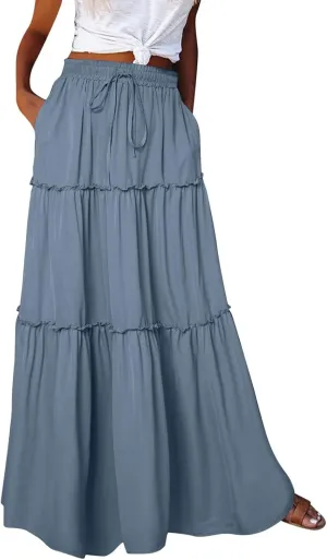 Long Skirts for Women Loose Long High Elastic Waist with Pockets and Belt Maxi Skirt Pleated Skirt Beach Skirt