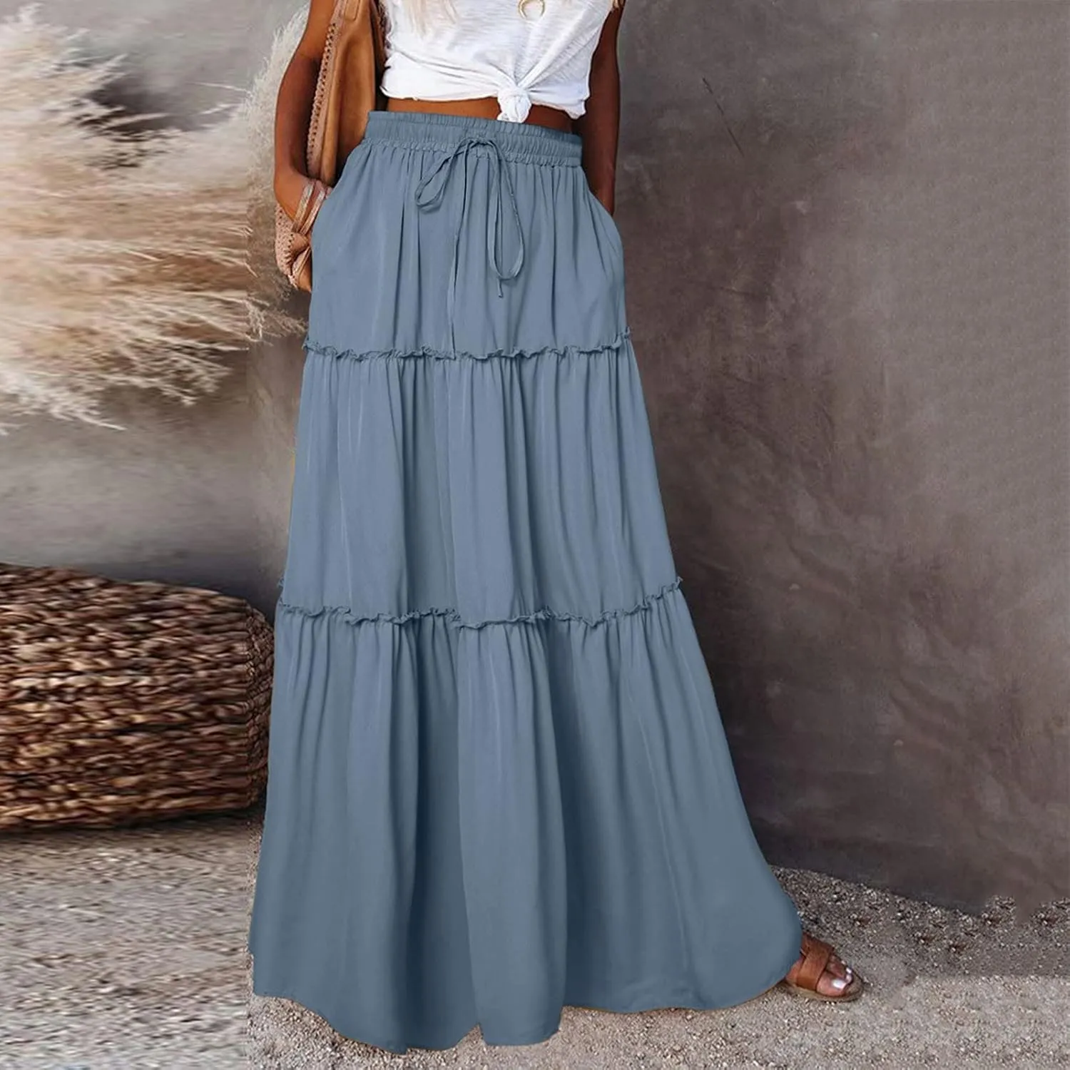 Long Skirts for Women Loose Long High Elastic Waist with Pockets and Belt Maxi Skirt Pleated Skirt Beach Skirt