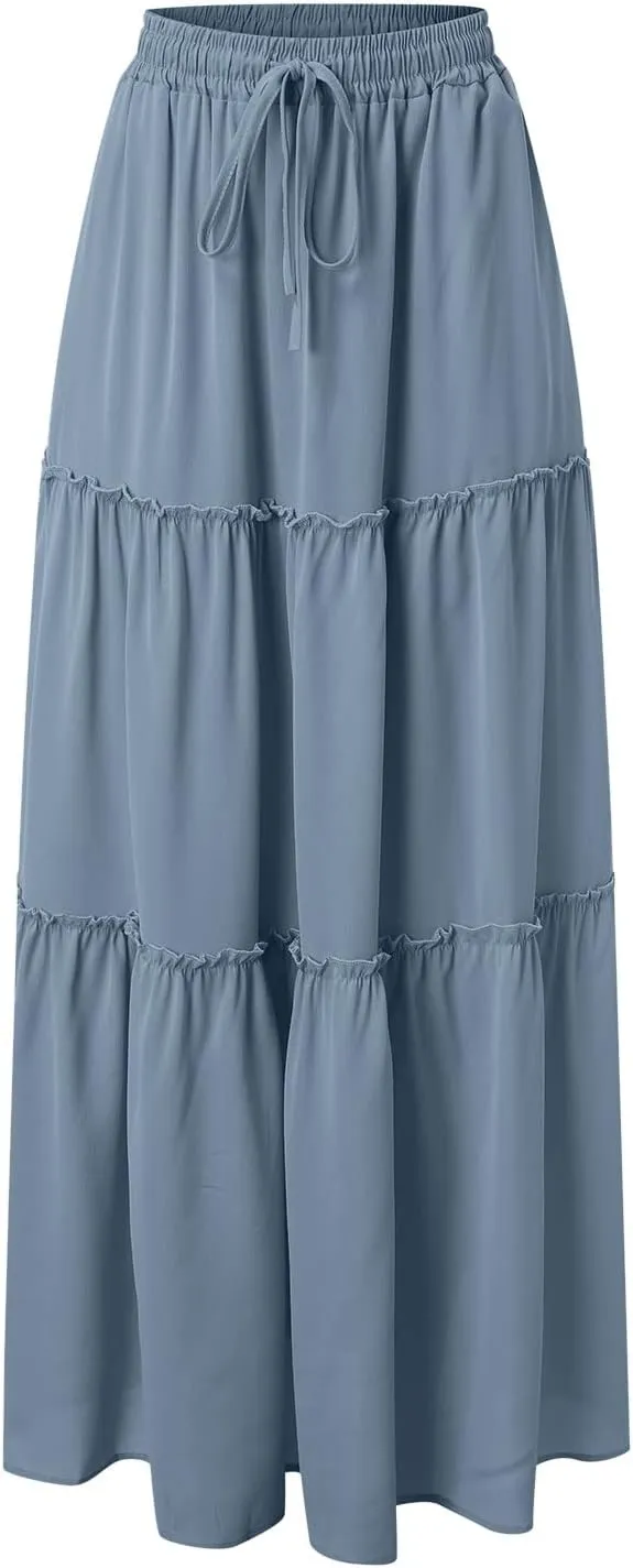 Long Skirts for Women Loose Long High Elastic Waist with Pockets and Belt Maxi Skirt Pleated Skirt Beach Skirt