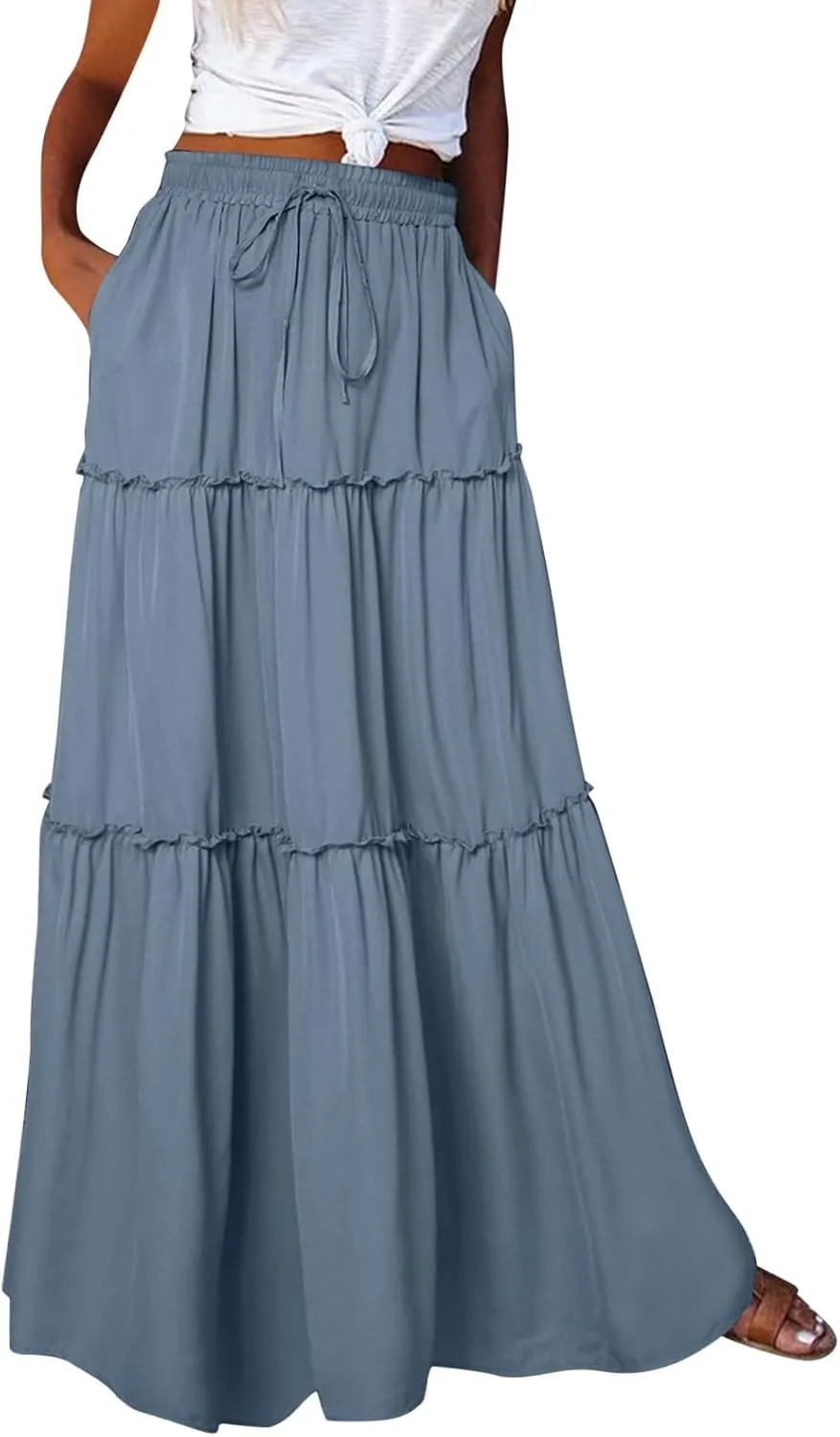 Long Skirts for Women Loose Long High Elastic Waist with Pockets and Belt Maxi Skirt Pleated Skirt Beach Skirt