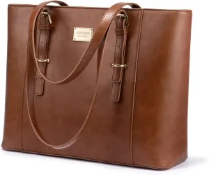 LOVEVOOK Laptop Bag for Women, Structured Leather Computer Bag, Professional Work Tote Purse, Teacher/Attorneys Choice, Retro-Brown