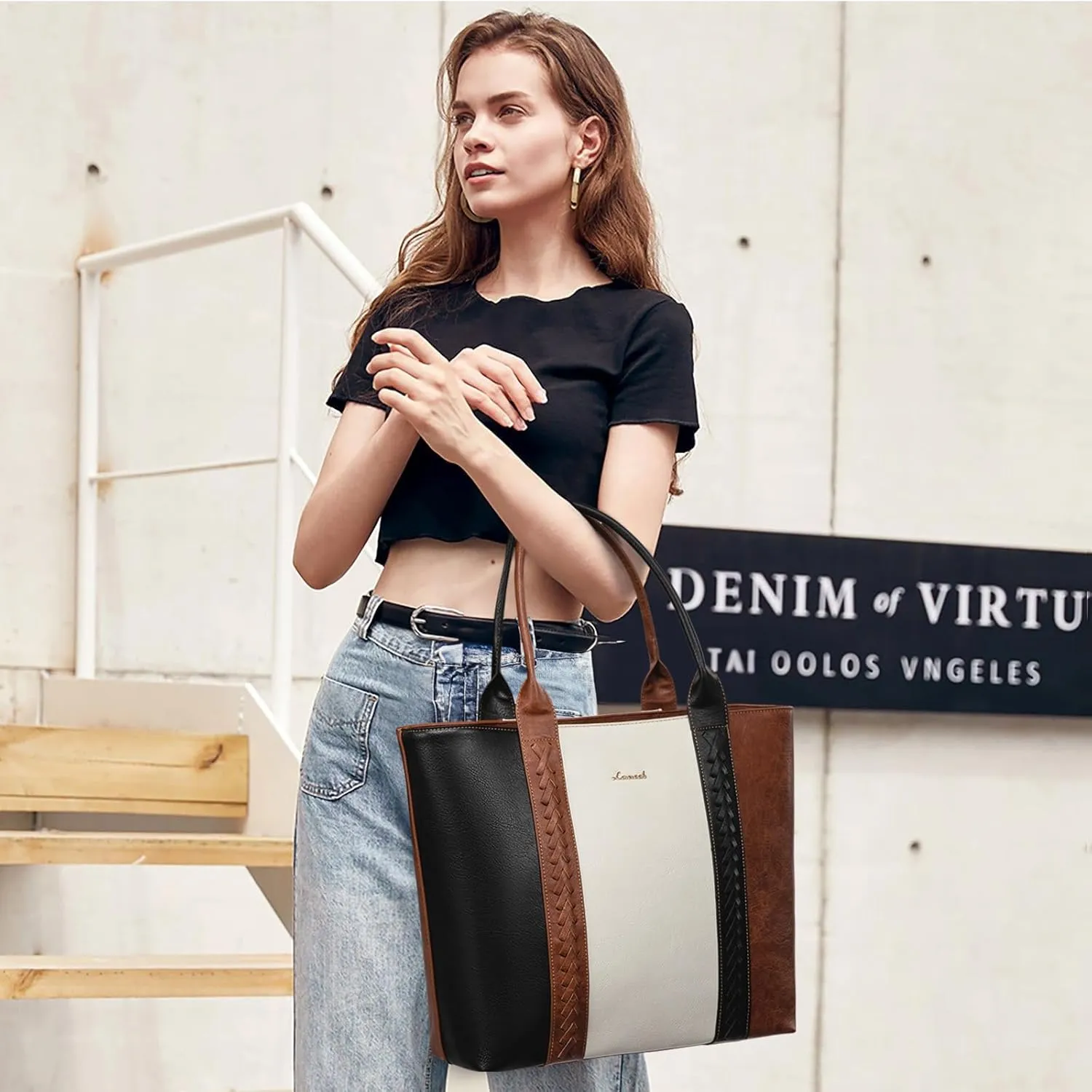 LOVEVOOK Tote Bag for Women Purse and Work Bags, Shoulder Purses with Large Black Woven Leather, Gifts for Womens
