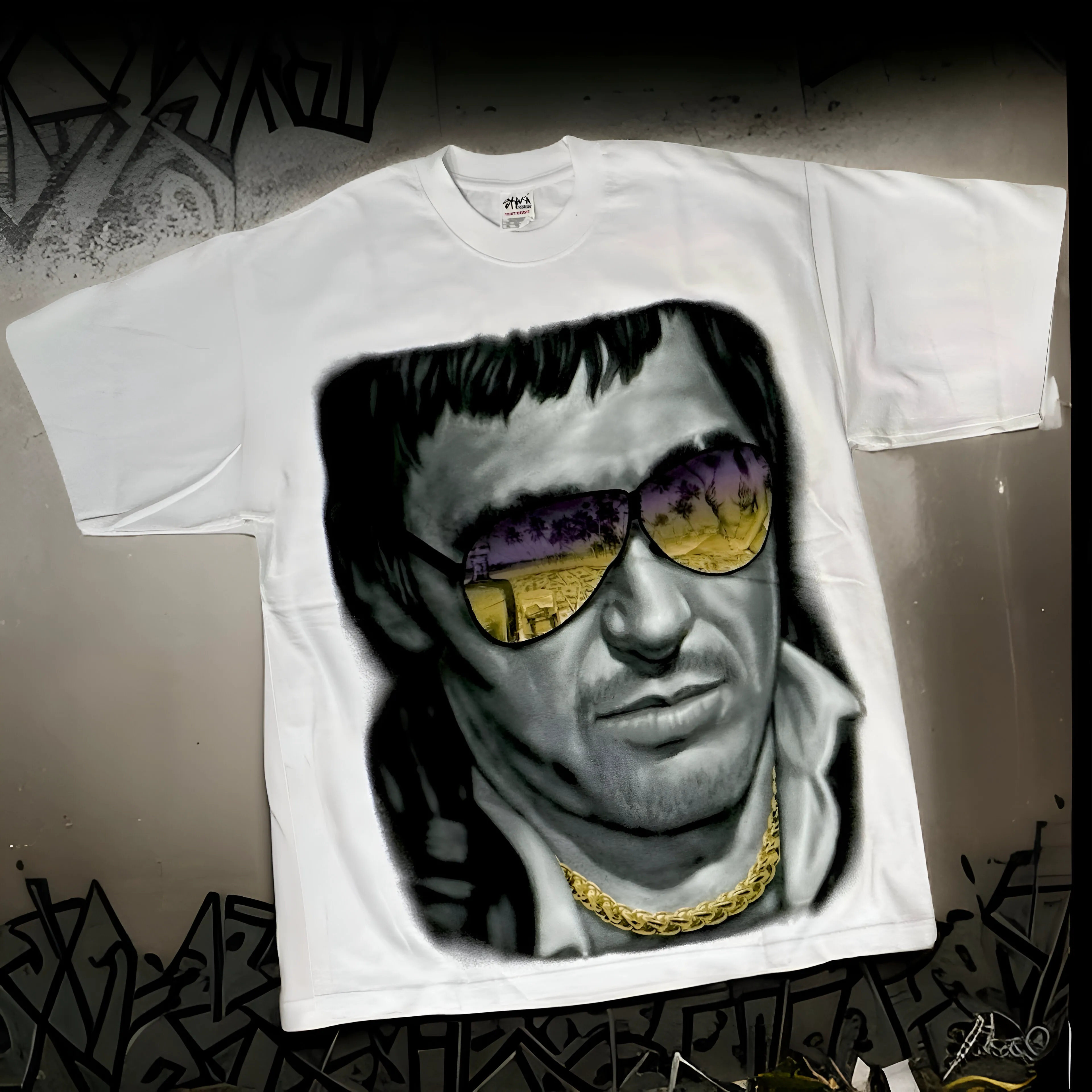 *<SC>* (WHITE) ~SCARFACE SUNGLASSES~ HEAVY COTTON JUMBO PRINT TEES