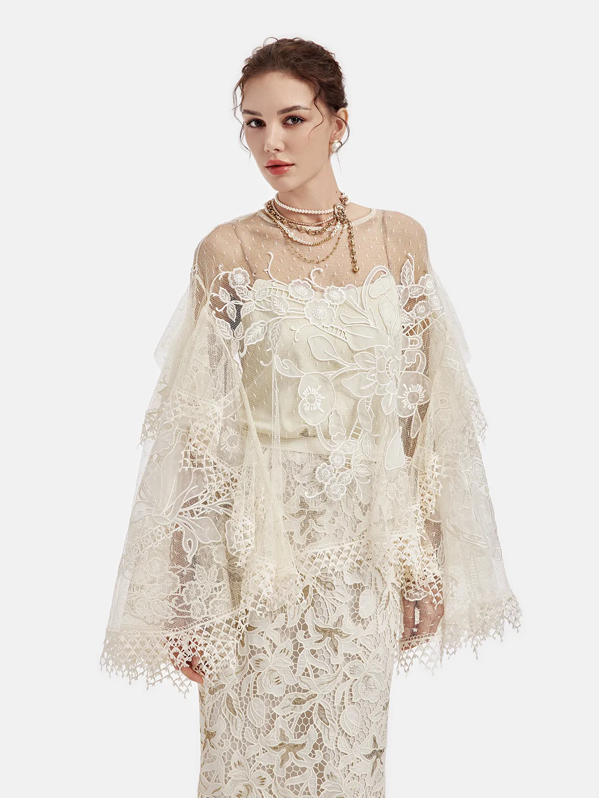 Luxury Embroidered Silk Mesh Top (with Angel Pearl Necklace)