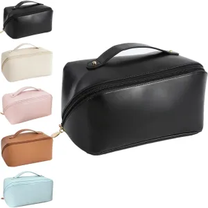 Makeup Travel Bag Organizer, Large Capacity Travel Cosmetic Bag, PU Leather Waterproof Cosmetic Bag, Multifunctional Makeup Bag Portable Travel Toiletry Bag Organizer for Women (Black)
