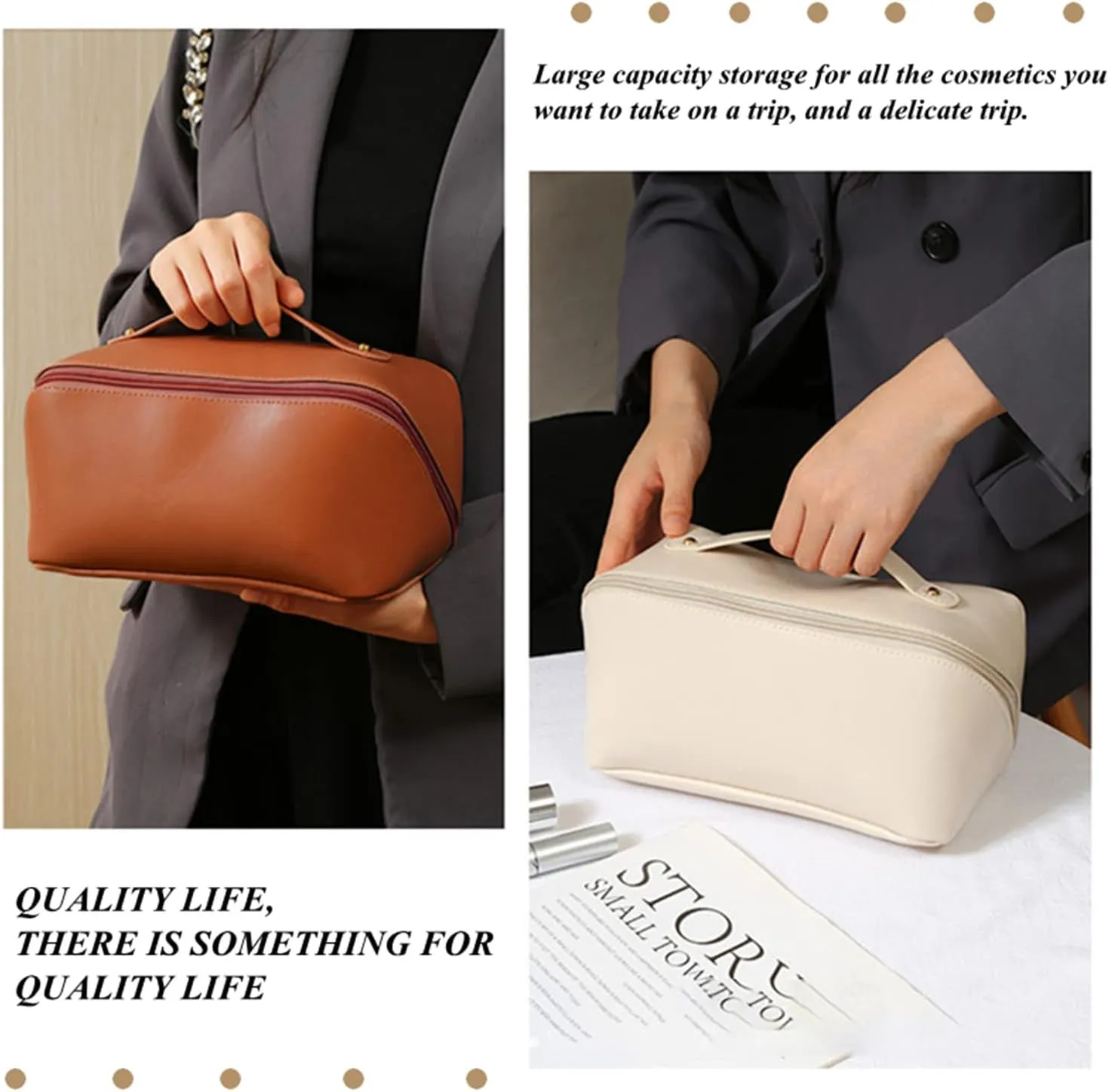 Makeup Travel Bag Organizer, Large Capacity Travel Cosmetic Bag, PU Leather Waterproof Cosmetic Bag, Multifunctional Makeup Bag Portable Travel Toiletry Bag Organizer for Women (Brown)