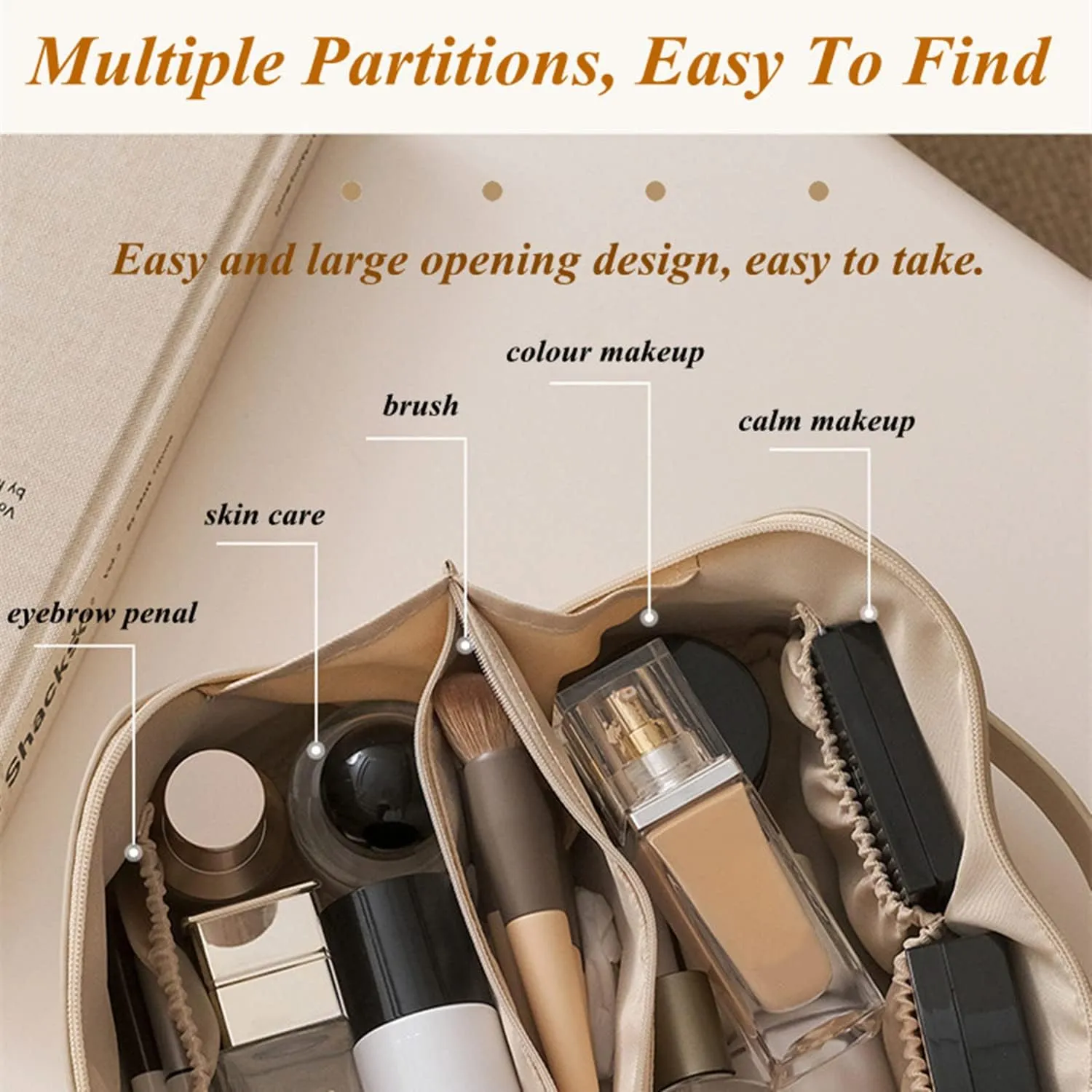 Makeup Travel Bag Organizer, Large Capacity Travel Cosmetic Bag, PU Leather Waterproof Cosmetic Bag, Multifunctional Makeup Bag Portable Travel Toiletry Bag Organizer for Women (Brown)