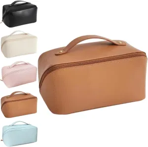 Makeup Travel Bag Organizer, Large Capacity Travel Cosmetic Bag, PU Leather Waterproof Cosmetic Bag, Multifunctional Makeup Bag Portable Travel Toiletry Bag Organizer for Women (Brown)