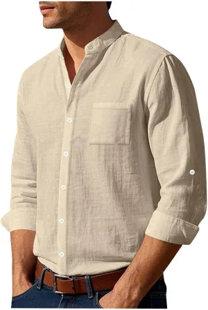 Men Cotton Linen Long Sleeve Shirts Dressy Casual Lightweight Button Up Shirt Vacation Beach Summer Tops with Pocket
