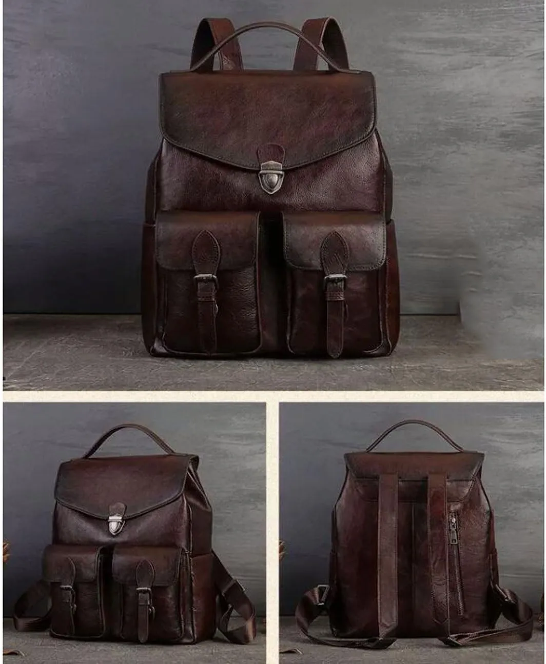 Mens Backpacks Genuine Leather Laptop Bags Briefcases Computers Bags Casual Daypack Luggage Travel Bags 13.3Inch(Brown-2)