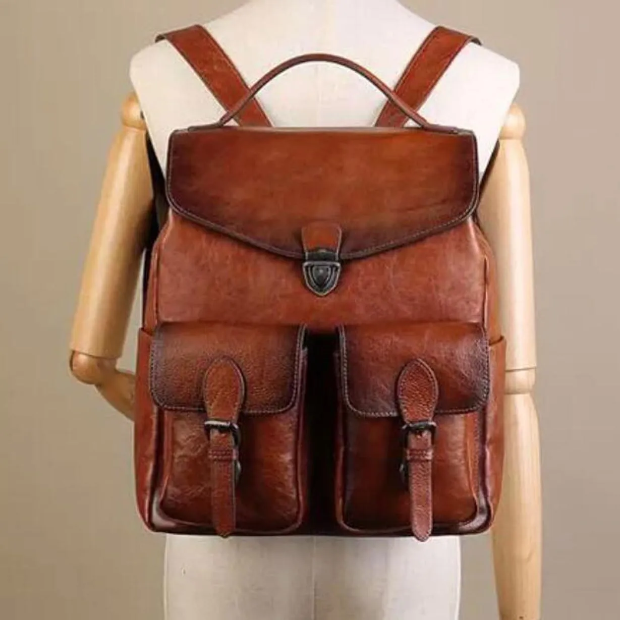 Mens Backpacks Genuine Leather Laptop Bags Briefcases Computers Bags Casual Daypack Luggage Travel Bags 13.3Inch(Brown-2)
