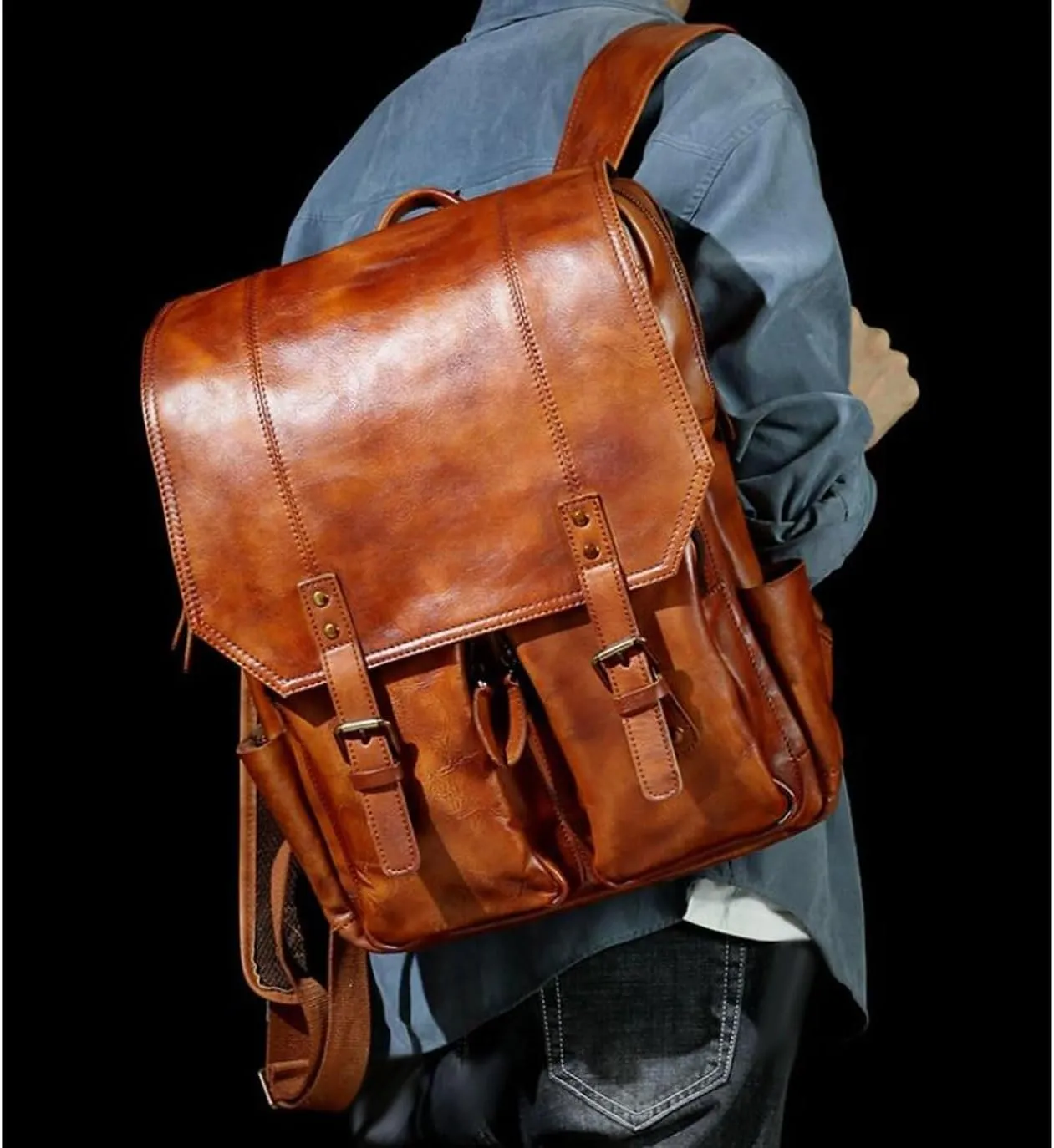 Mens Backpacks Genuine Leather Laptop Bags Briefcases Computers Bags Casual Daypack Luggage Travel Bags 18.1Inch(Black)
