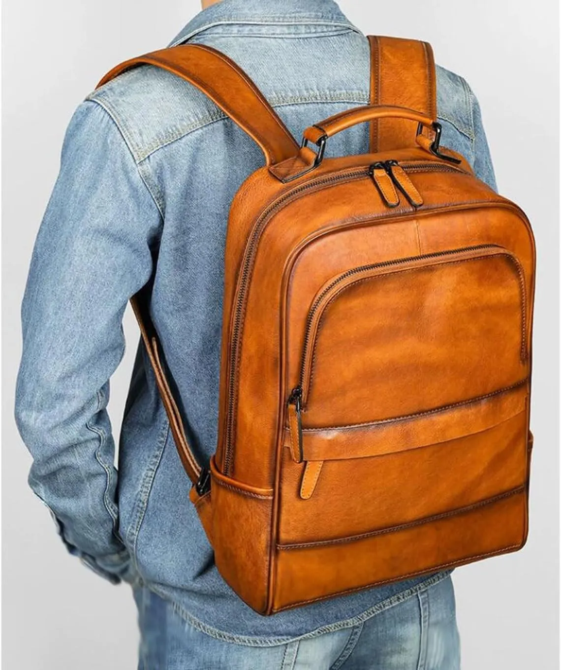 Mens Backpacks Genuine Leather Laptop Bags Casual Daypack Briefcases Computers Bags Luggage Travel Bags 17.3Inch(Black-2)