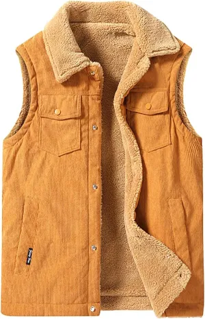 Mens Corduroy Fleece Vests Sherpa Lined Puffer Winter Warm Outdoor Outerwear Padded Sleeveless Jacket with Pockets