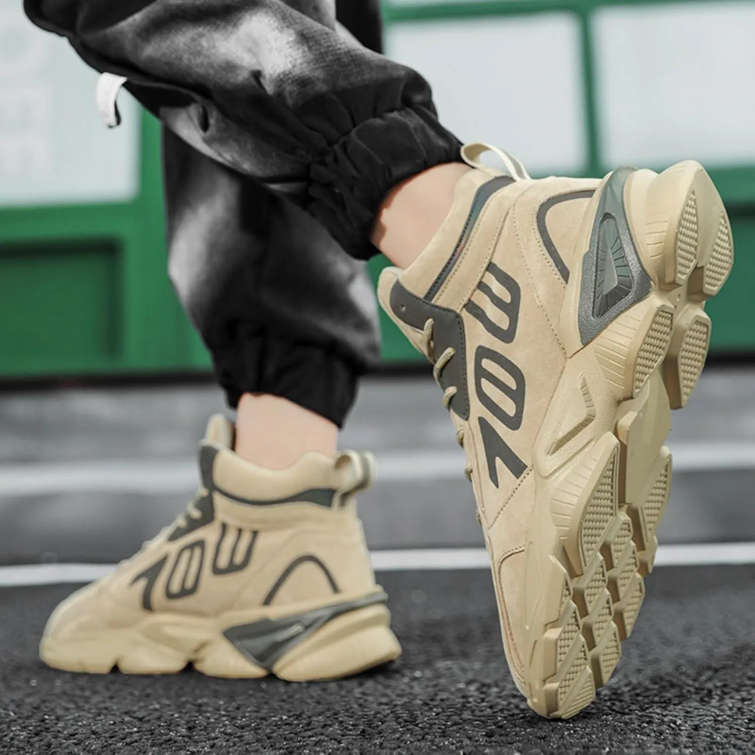 Mens Fashion Lace-Up Platform Sneakers Mid-Top Non Slip Round Toe Casual Chunky Shoes for Gym Sports Tennis Jogging Running Walking